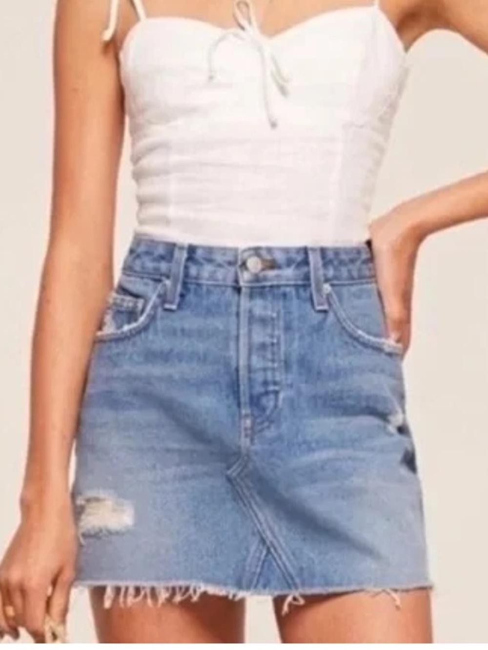 Reformation $114 Retooled Distressed Blue Denim Mini Skirt Salton Wash 25” EUC